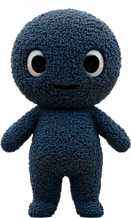 Piu, a human-sized dark blue knitted plush
