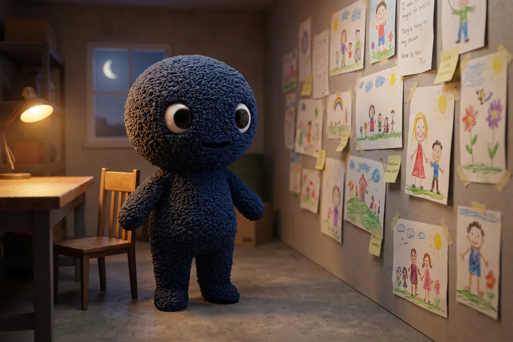 Piu in his garage at night, facing a wall of drawings people sent him
